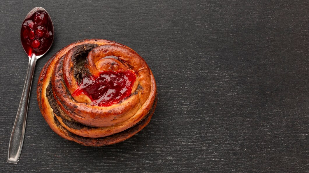 pastry with frosting and jelly filling in ring shape